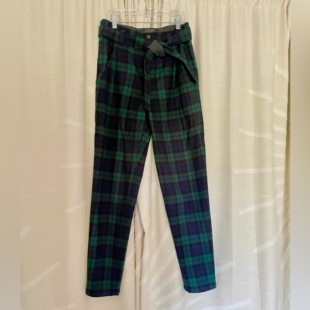 Pendleton Green and Navy Plaid 100% Wool Trousers with Tied Belt